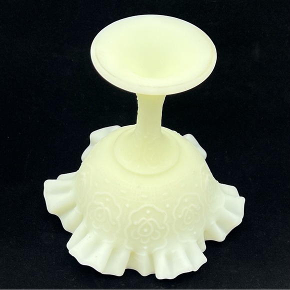 Fenton Uranium Satin Custard Glass Persian Medallion Compote Ruffled 1970s GLOWS - Picture 10 of 11